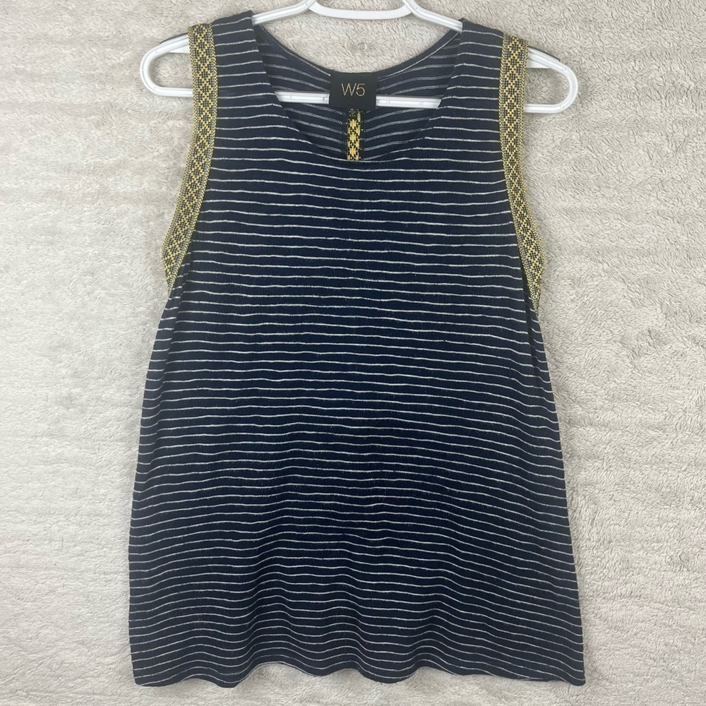 Anthropologie W5 Blue Tank Top Medium yellow boho trim